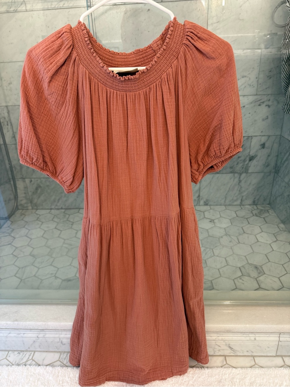 Universal Thread Rust Pink Puff-Sleeve Smocked-Neck Dress